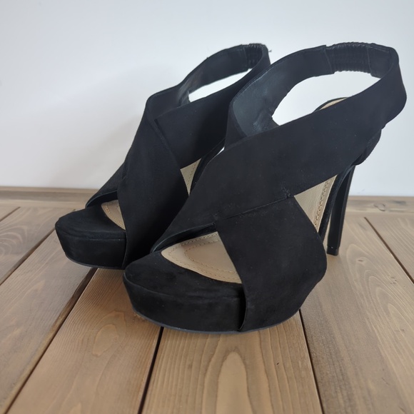 Diane Von Furstenberg Black Suede Open Toe Strappy Sling Back Heels - Picture 5 of 13